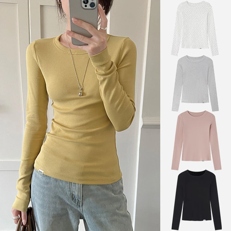 Miss sumeyY3553自制圆领打底衫设计感小标碎花长袖修身t恤上衣