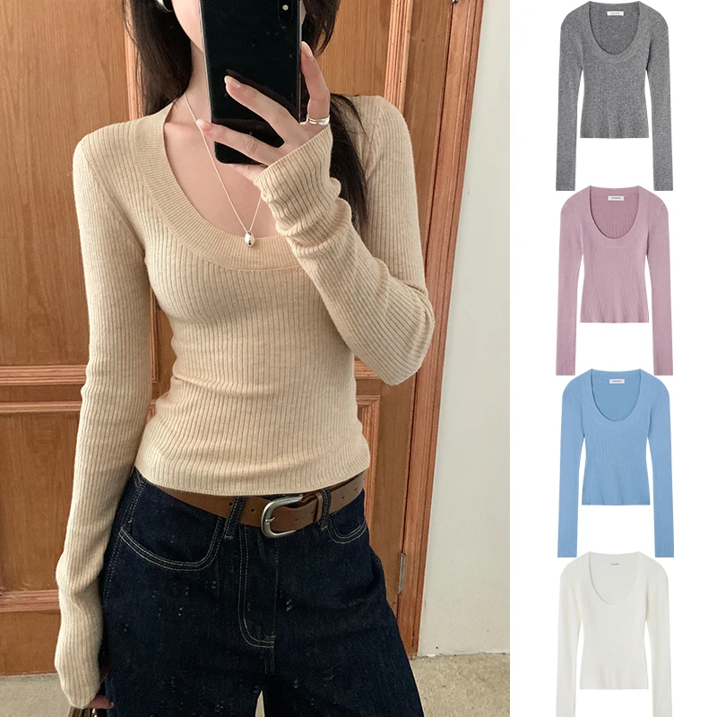 Miss sumey3555自制纯欲性感U领针织打底衫显瘦长袖弹力紧身上衣