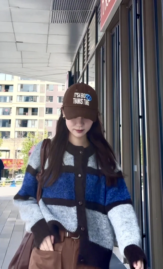 CARING PARK撞色圆领毛衣开衫外套宽松显瘦针织上衣