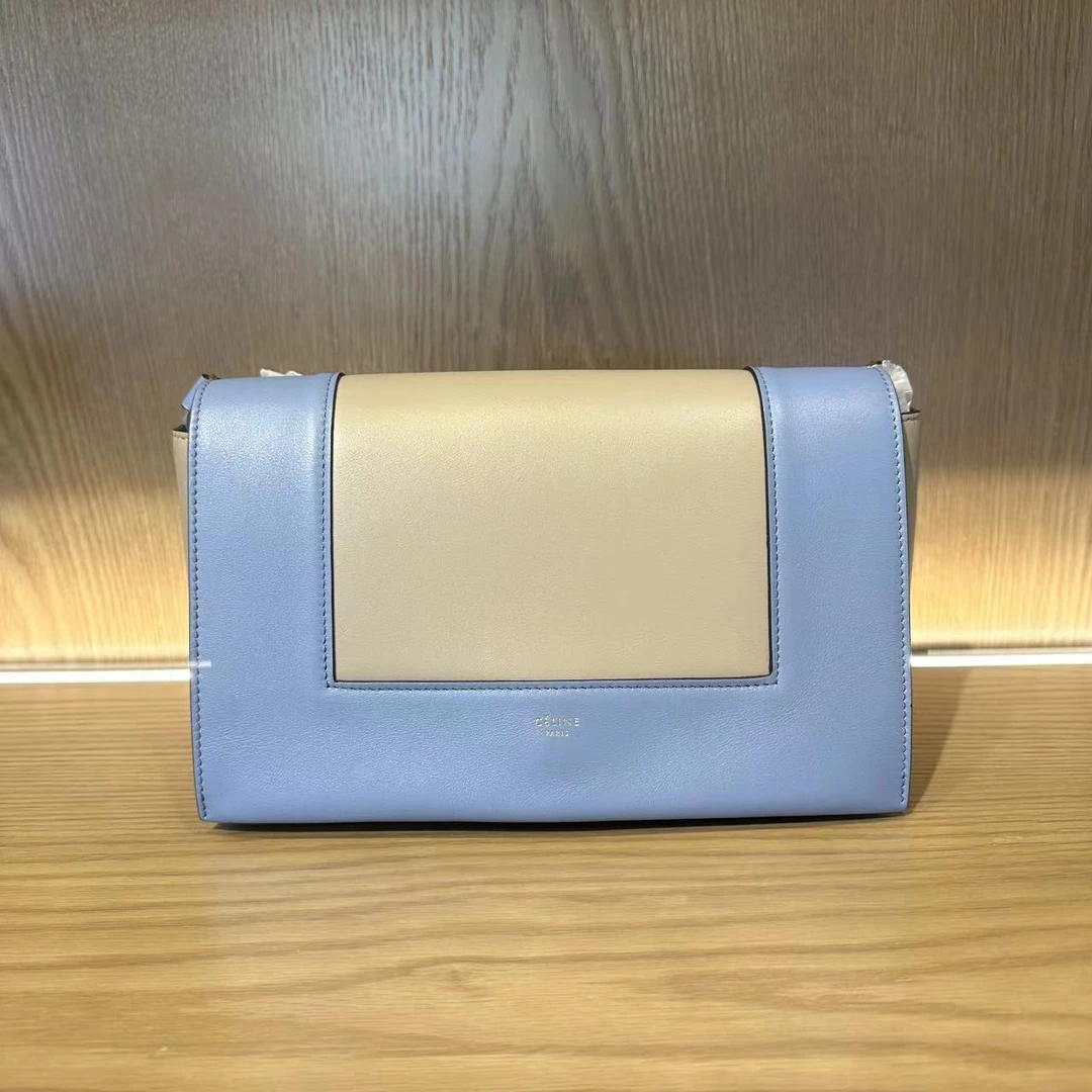 99新 Celine/思琳 飞小雨Fisoy/ frame雾霾蓝拼奶茶色斜挎包