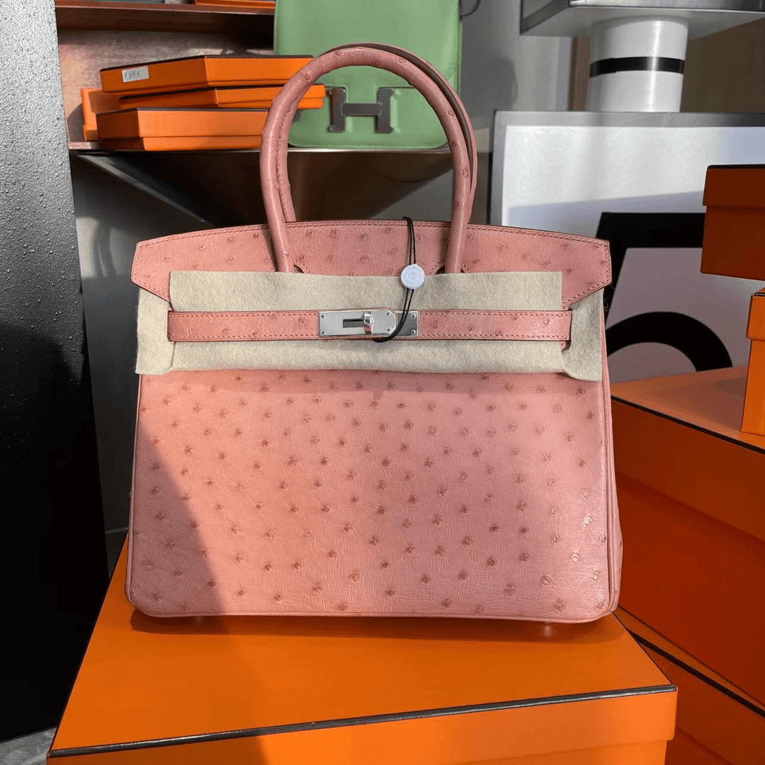 全新未使用 Hermes/爱马仕 飞小雨Fisoy/Birkin30陶瓷粉鸵鸟皮X刻