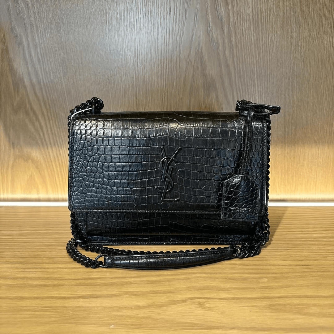 99新 YSL/圣罗兰 飞小雨Fisoy/ 全黑鳄压日落斜挎包