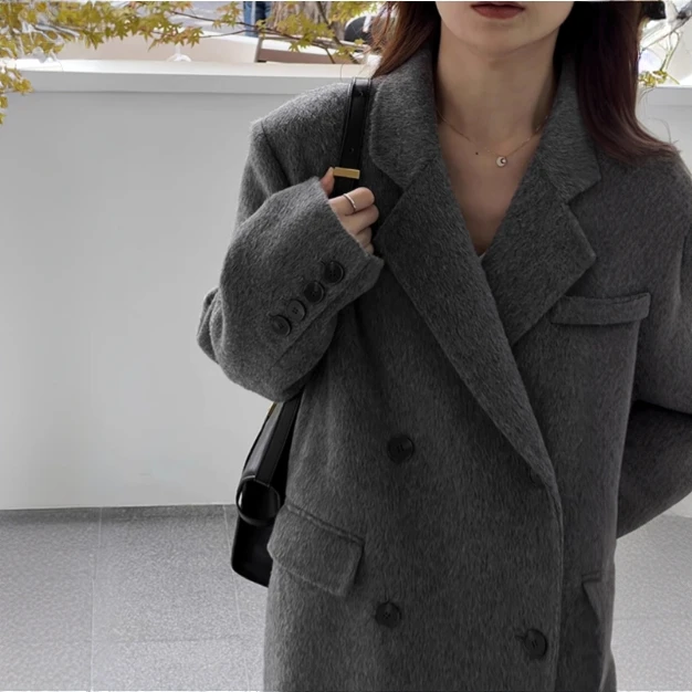 【菜菜酱】万人在抢直角肩双面羊毛大衣女长款手缝短款羊毛外套