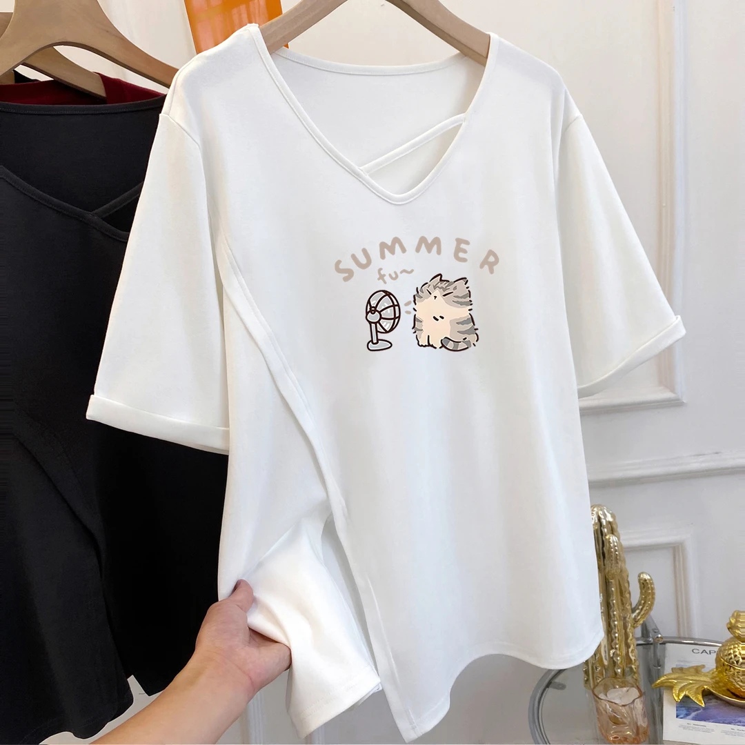 胖mm大码短袖T恤女夏季宽松显瘦v领上衣女士高弹棉百搭小众轻奢