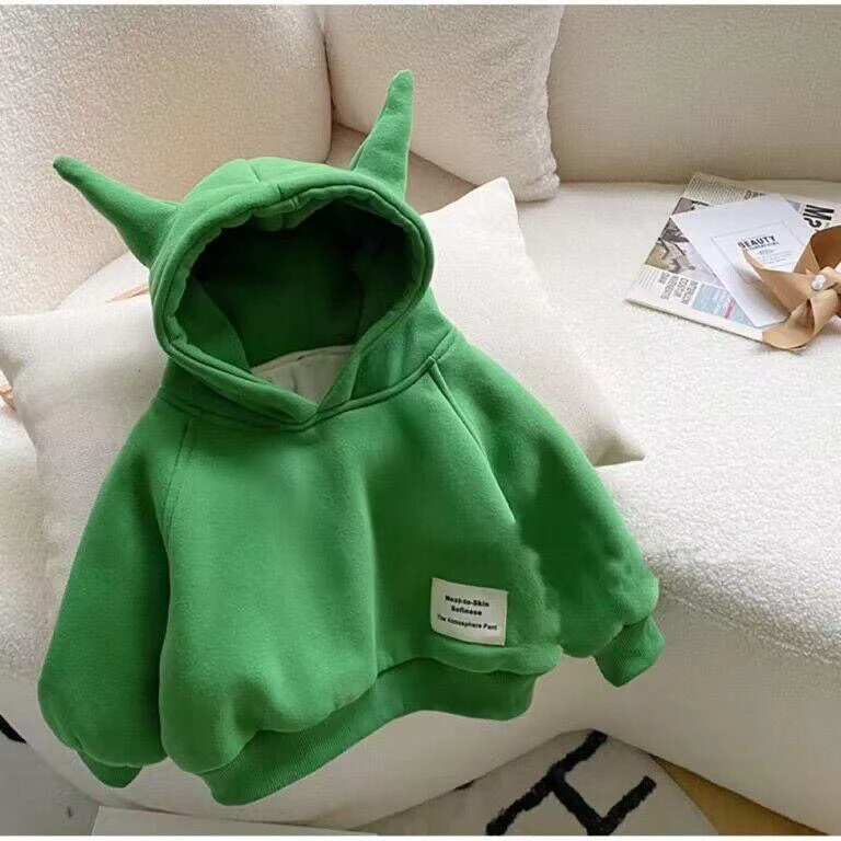 儿童冬季加绒加厚连帽卫衣男宝宝绿色帽衫宽松女宝宝可爱保暖上衣