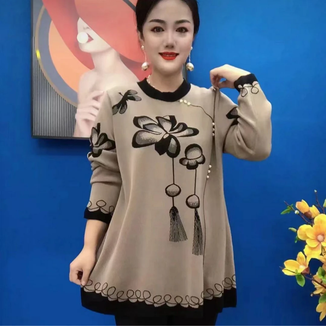 2025新款妈妈春装洋气时尚提花毛衣大码遮肚显瘦中长款针织打底衫