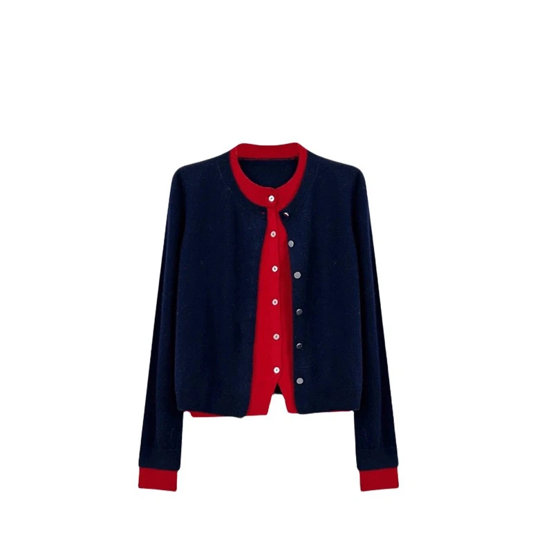 时尚叠穿层次感撞色假两件时尚通勤圆领针织开衫CEA6972