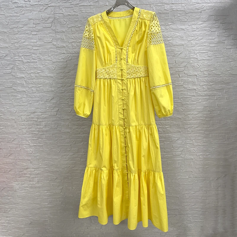阿祖秋季新款女装连衣裙玫瑰高级感镂空刺绣黄色气质时尚设计师