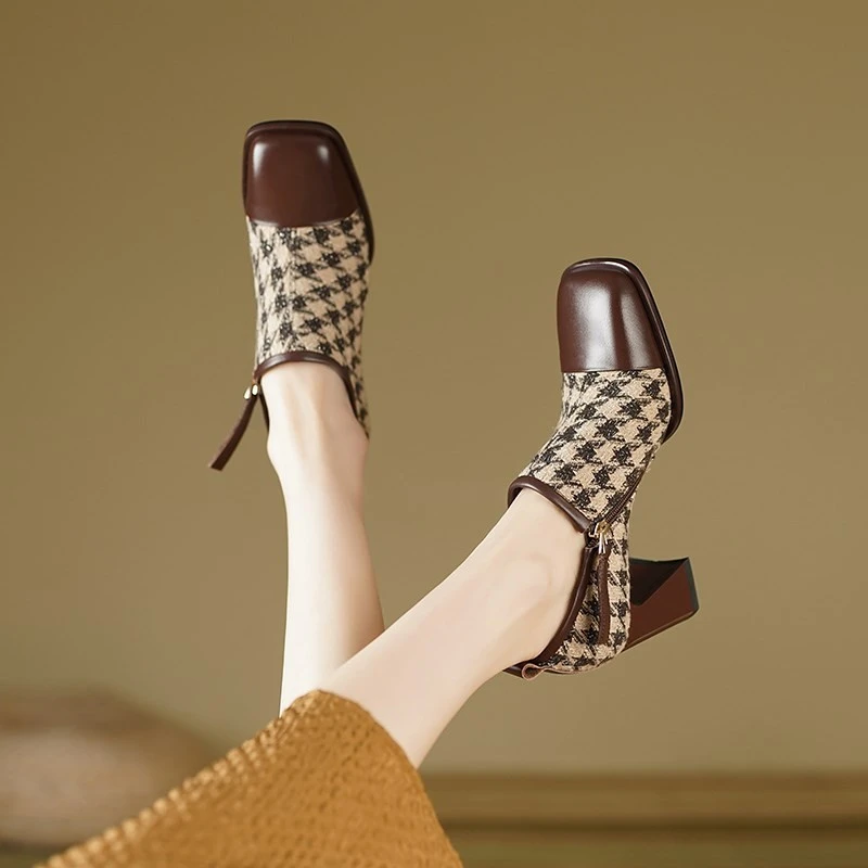 复古百搭高跟小短靴女205年秋季新款法式方头粗跟时尚玛丽珍