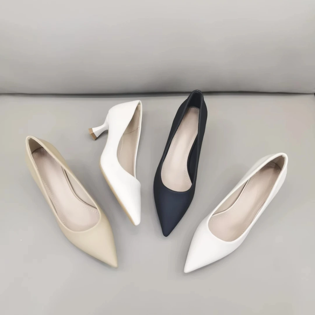 中粗跟单鞋女2025春夏季气质女士尖头浅口时尚时装百搭粗跟女单鞋