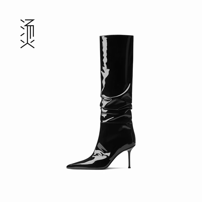 烫[自]黑色漆皮尖头亮面褶皱细高跟长筒及膝堆堆女靴