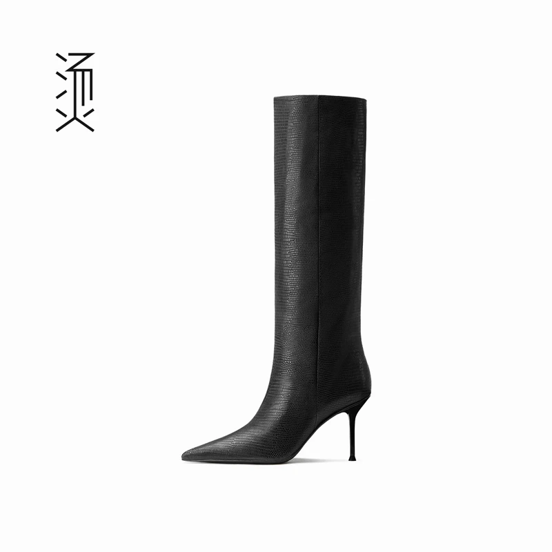 Feeeever/烫 社交女鞋黑蜥蜴纹牛皮细高跟尖头及膝靴[孙雅Miya]
