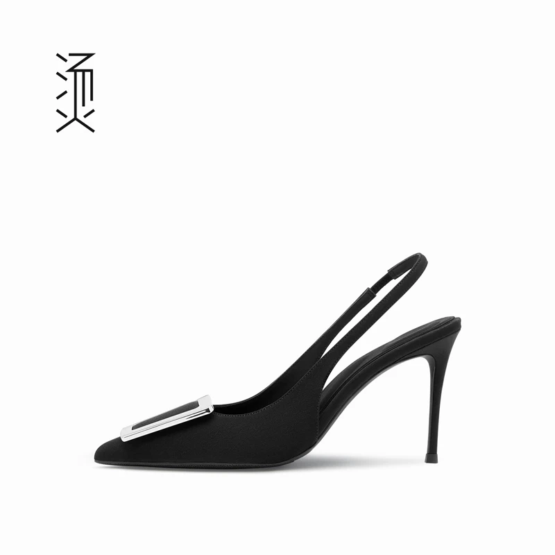 烫[自]黑色布面后空方扣一字带高跟夏季新款性感法式凉单女鞋