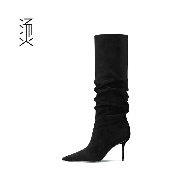 烫[自]黑色羊反绒尖头褶皱细高跟秋冬新款宽松显瘦长筒及膝堆堆靴