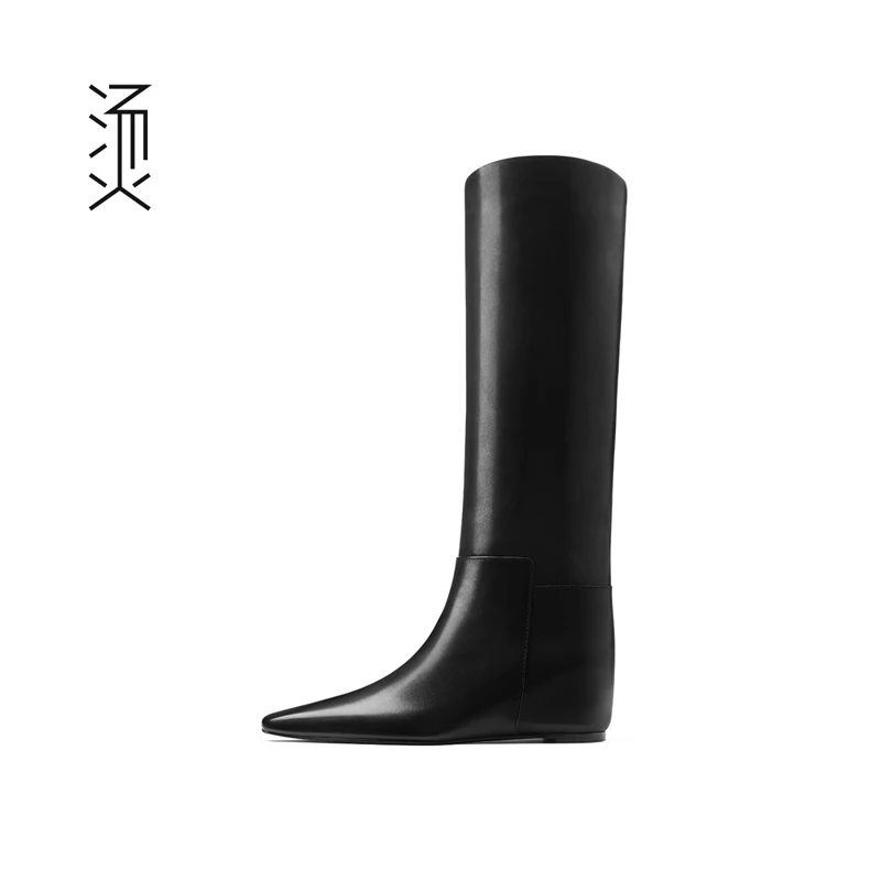 烫[自][新]黑色小牛皮秋冬新款方头平跟斜靴口百搭黑色高筒靴