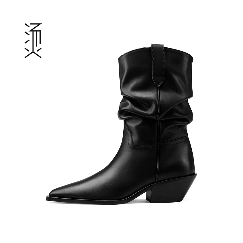 Feeeever/烫 社交女鞋黑牛皮粗跟尖头皱面女靴[樱木花菜]