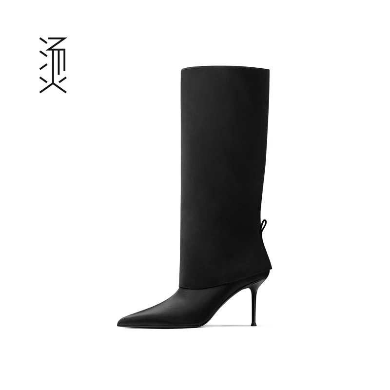 烫[自]黑色布面尖头细高跟长筒靴法式高级气质时装裤腿靴