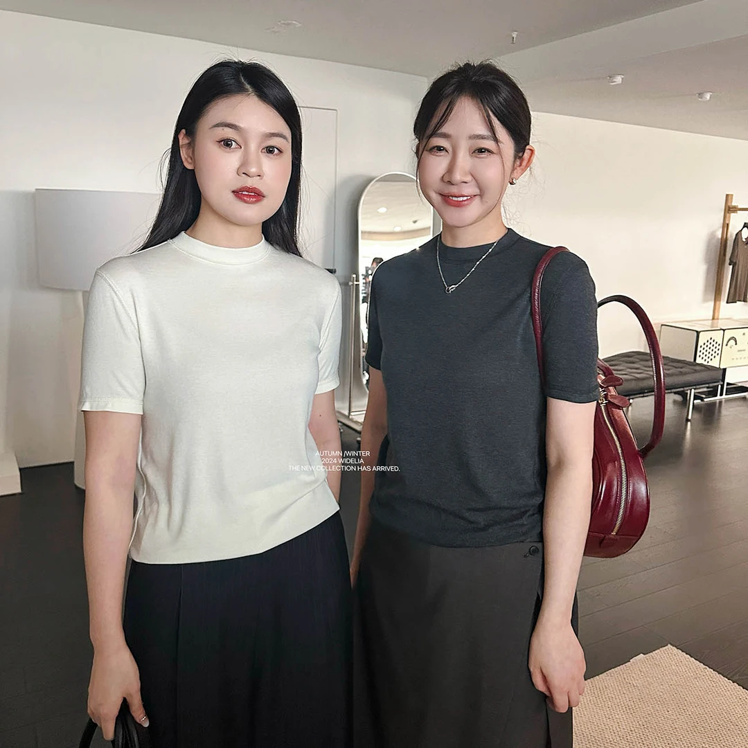 widelia2022春夏新款日常百搭可单穿小立领收身短袖T恤上衣女7106