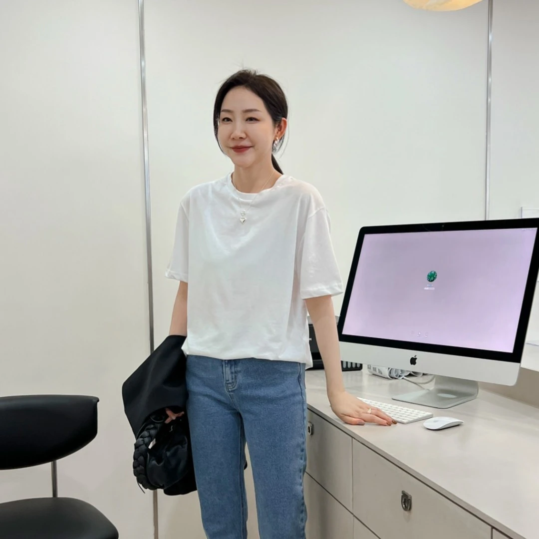 widelia2022春夏新款韩版显瘦宽松百搭基础圆领短袖纯色T恤5079