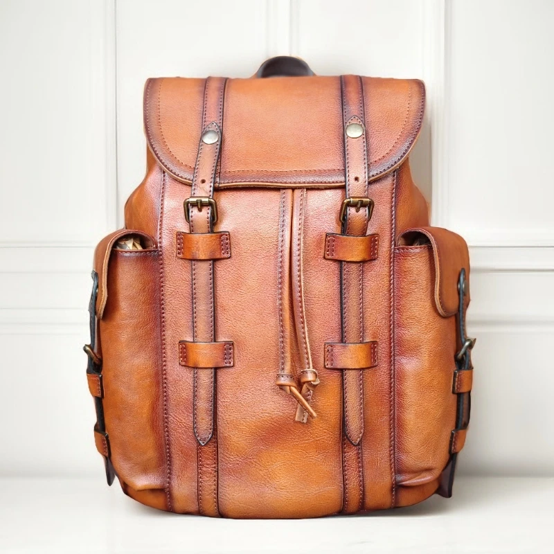 【米鹿皮具】男士复古牛皮双肩背包 90010尺寸高45宽33.5底14真皮