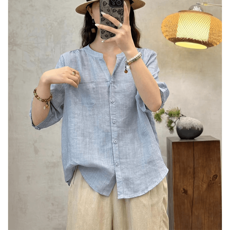 果然2024夏季新款天然苎麻面料透气小V领显瘦衬衫女