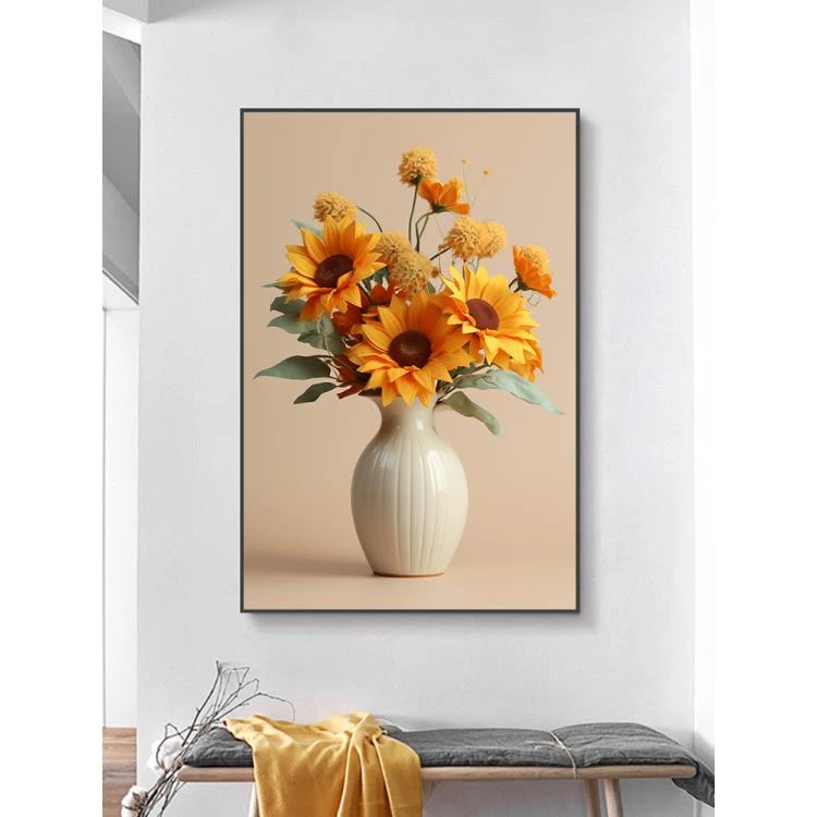 【新人福利】现代花瓶向日葵装饰画高级感镶钻客厅餐厅卧室玄关挂画