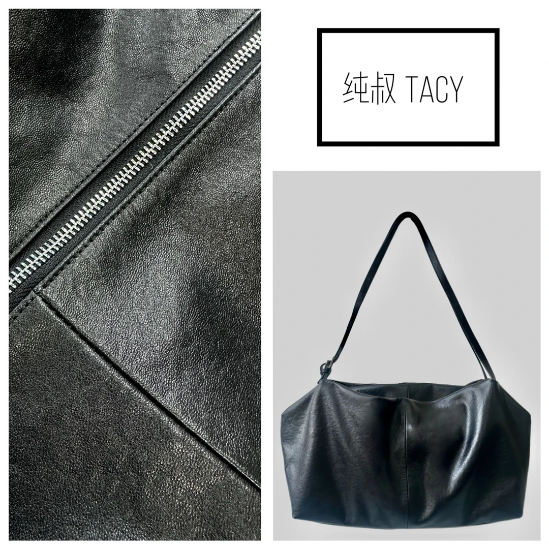 纯叔Tacy五店”双肩带黑方块“头层牛皮个性百搭慵懒感