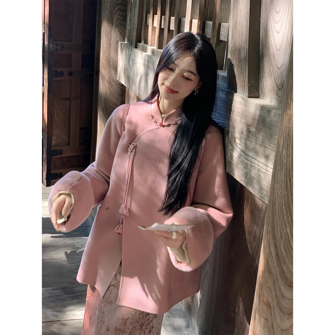 夏诗文 全羊毛新中式双面呢大衣女冬袖口可拆卸獭兔毛ABOUT POEM