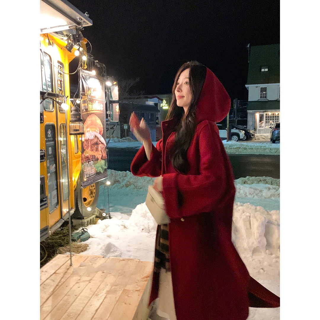 夏诗文全羊毛立绒宽松连帽双排扣大衣红色长款韩系双面呢女
