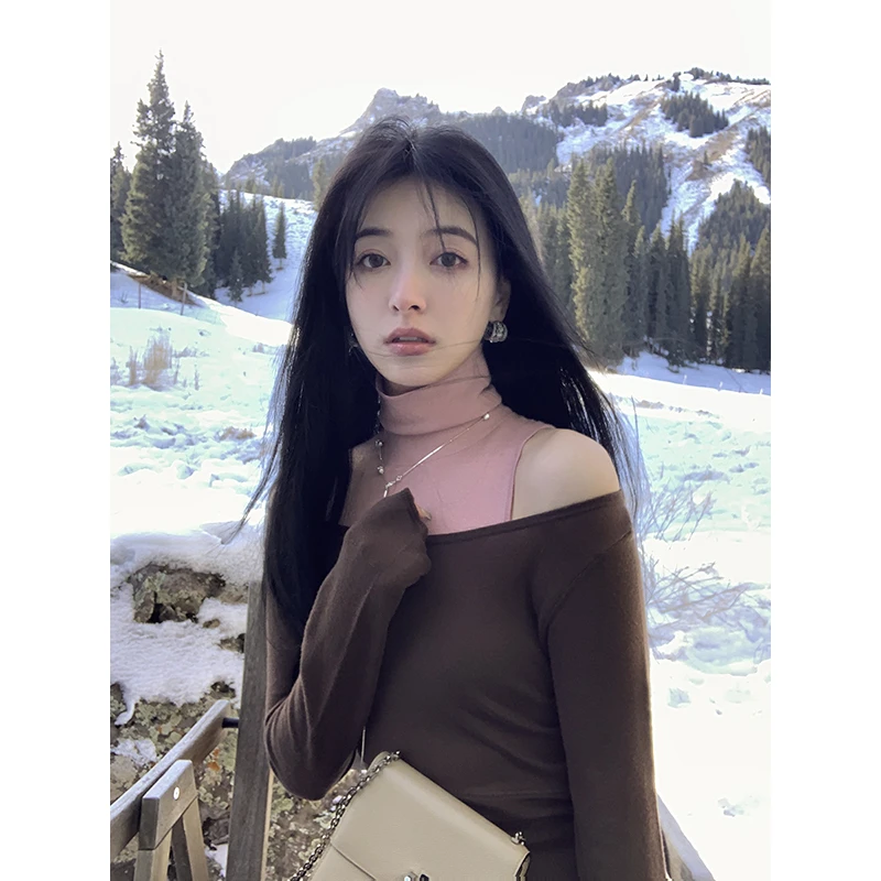灵魂伴侣 羊毛混纺假两件露肩高领针织衫女长袖针织衫