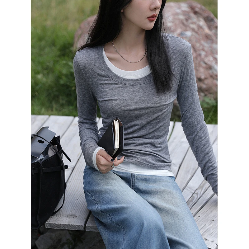 肤感针织衫 莱赛尔U领叠搭打底衫女秋季上衣