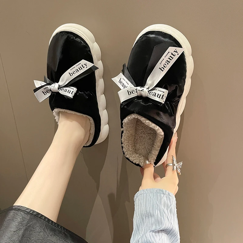 【年末清仓】洛丽塔蝴蝶结可爱简约防滑厚底女棉拖鞋居家保暖可外穿