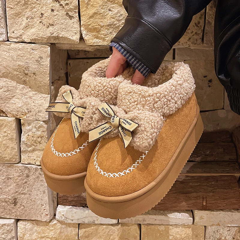 【优遇家】包跟棉拖鞋女厚底高跟室内家用可爱蝴蝶结冬季保暖棉鞋