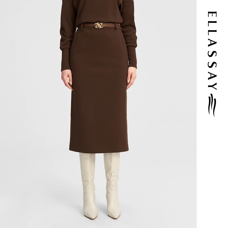 ELLASSAY歌力思秋季新款棉感直筒针织半身裙女高腰EWW346Q02400