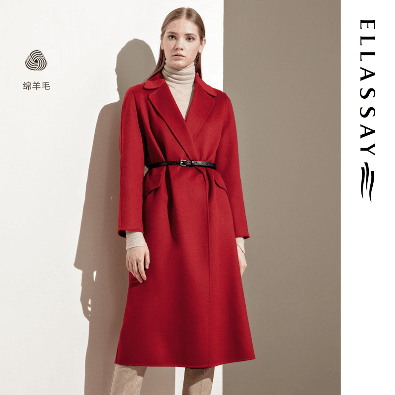 ELLASSAY歌力思秋冬新款显白红色羊毛新娘服气质收腰长款大衣外套