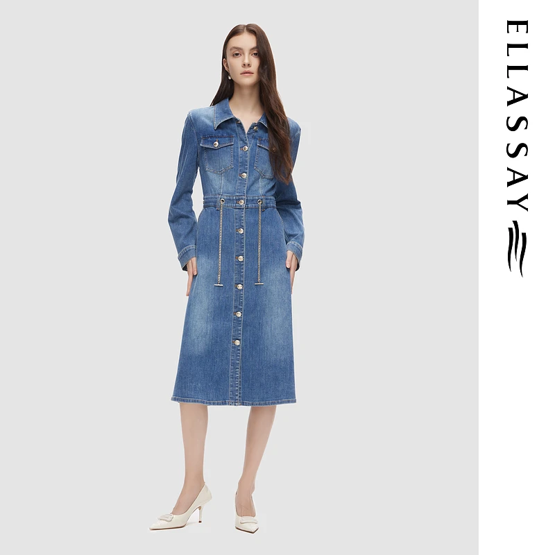 ELLASSAY歌力思新款流光风轻机能棉翻领牛仔连衣裙女EWU353
