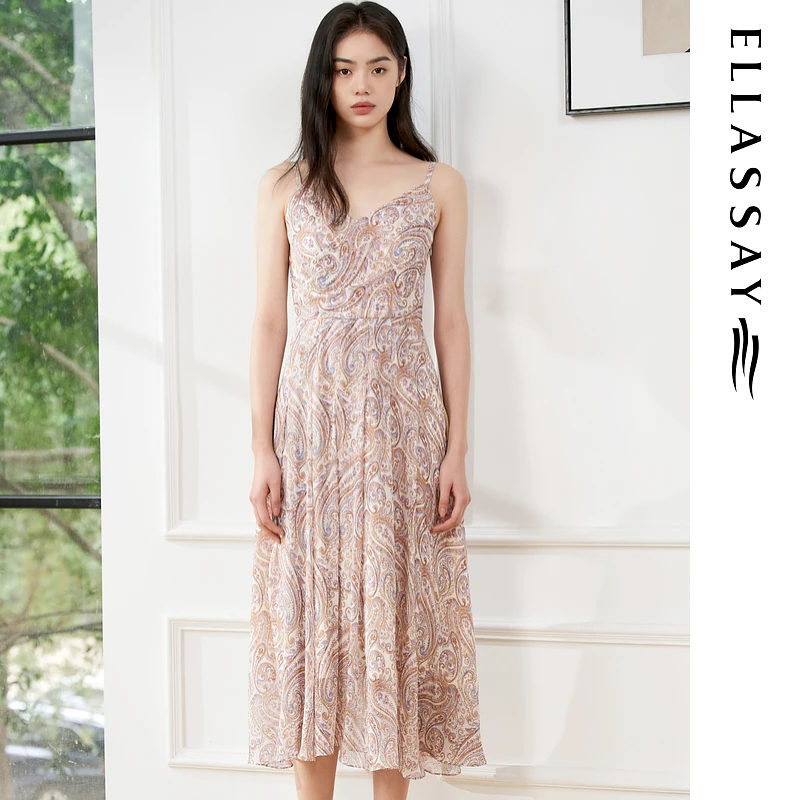 歌力思夏季新款法式吊带中长款连衣裙女EWB355Y05700