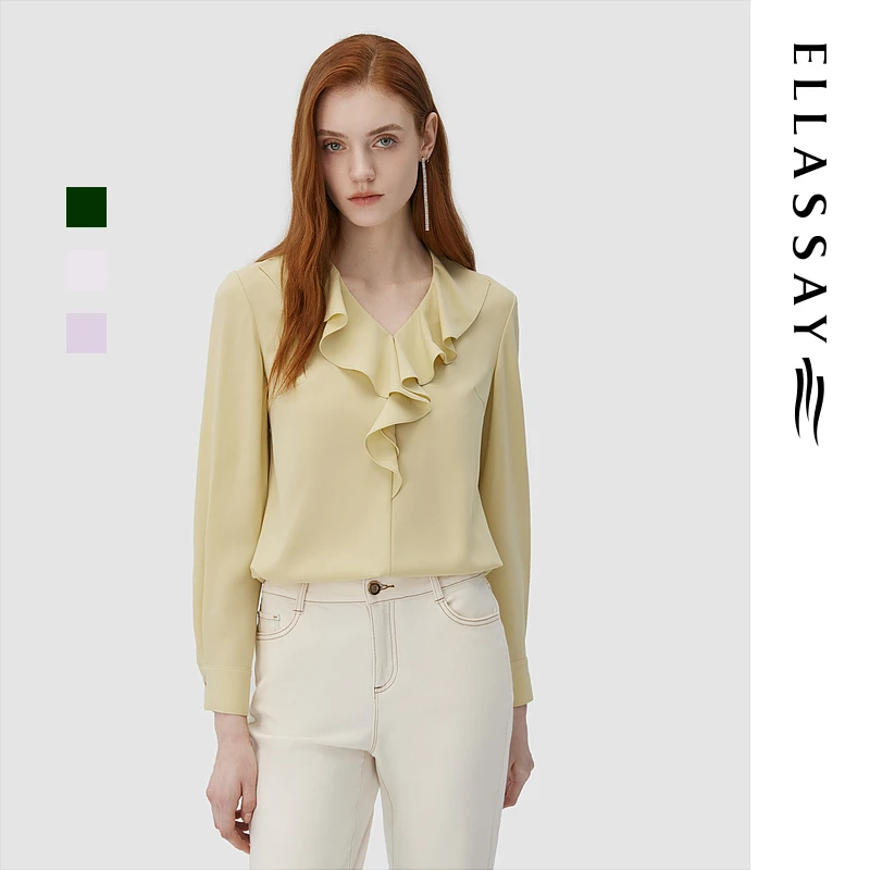 ELLASSAY歌力思欧若智性风纯色衬衣荷叶通勤气质衬衫EWD343C00300