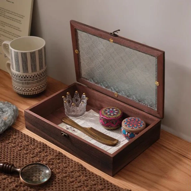 复古木质桌面收纳盒黑胡桃色首饰盒饰品盒储物盒实木杂物收纳盒子