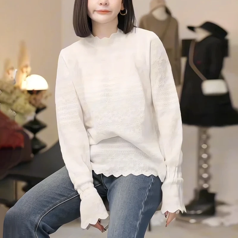 女士秋冬打底衫2025新款时尚洋气宽松显瘦半高领蕾丝内搭针织上衣