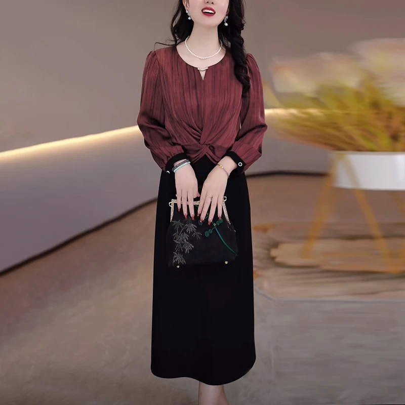 设计感假两件连衣裙女2025早秋季新款高级感减龄阔太太气质长裙子