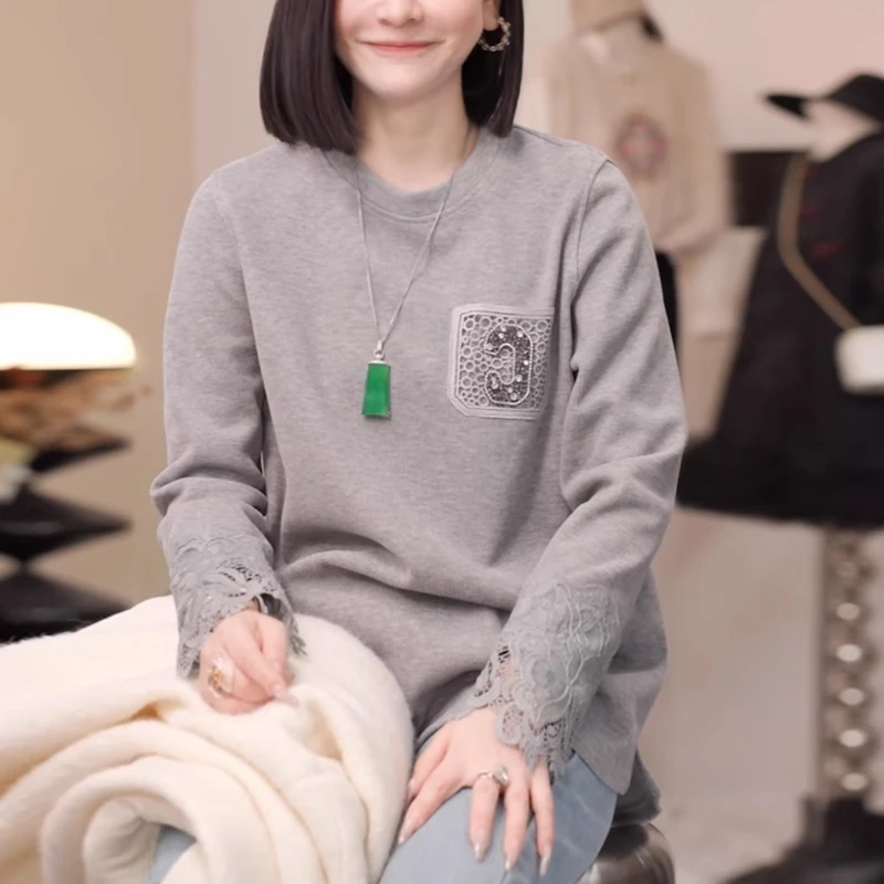 灰色蕾丝拼接打底衫女士秋冬高级感宽松遮肉显瘦大码洋气内搭上衣