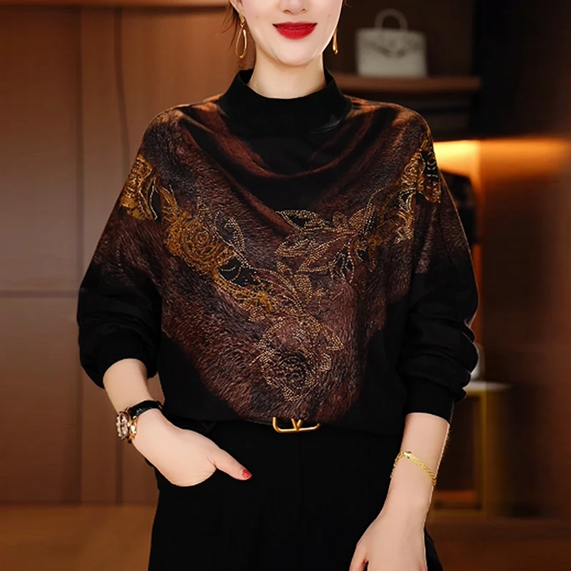 女士秋冬打底衫2025新款时尚洋气减龄遮肚子显瘦印花长袖t恤上衣