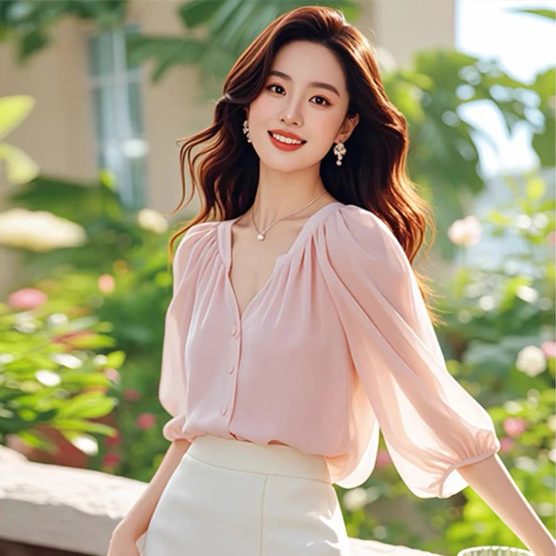 法式粉色雪纺衬衫女七分袖夏季新款减龄漂亮小衫高端别致气质上衣