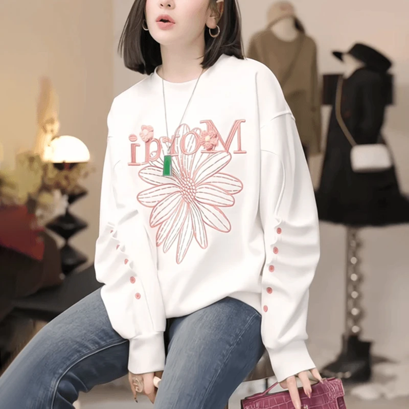 女士刺绣卫衣2025早春季新款时尚洋气减龄宽松大码显瘦设计感上衣