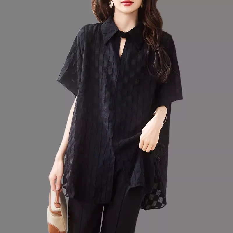 中长款遮屁股黑色衬衫女短袖夏季高级感衬衣大码宽松洋气欧货上衣