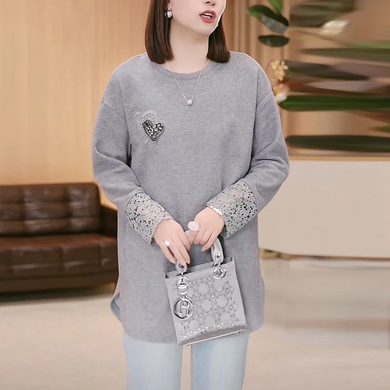 灰色圆领卫衣女士2025秋冬新款时尚洋气中长款内搭蕾丝打底衫上衣