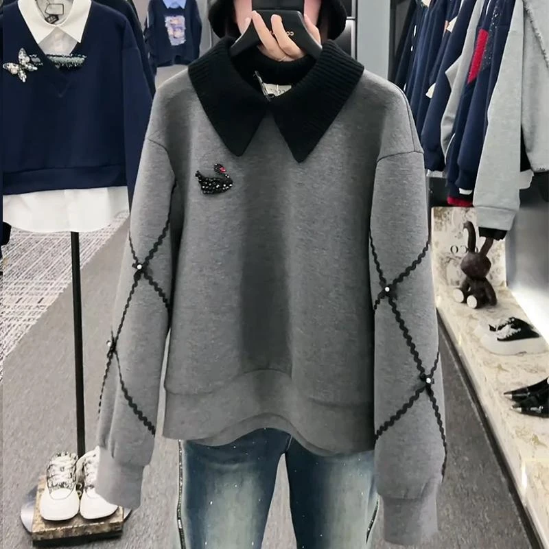 女士灰色翻领加绒卫衣秋冬2025新款爆款时尚洋气加厚宽松休闲上衣