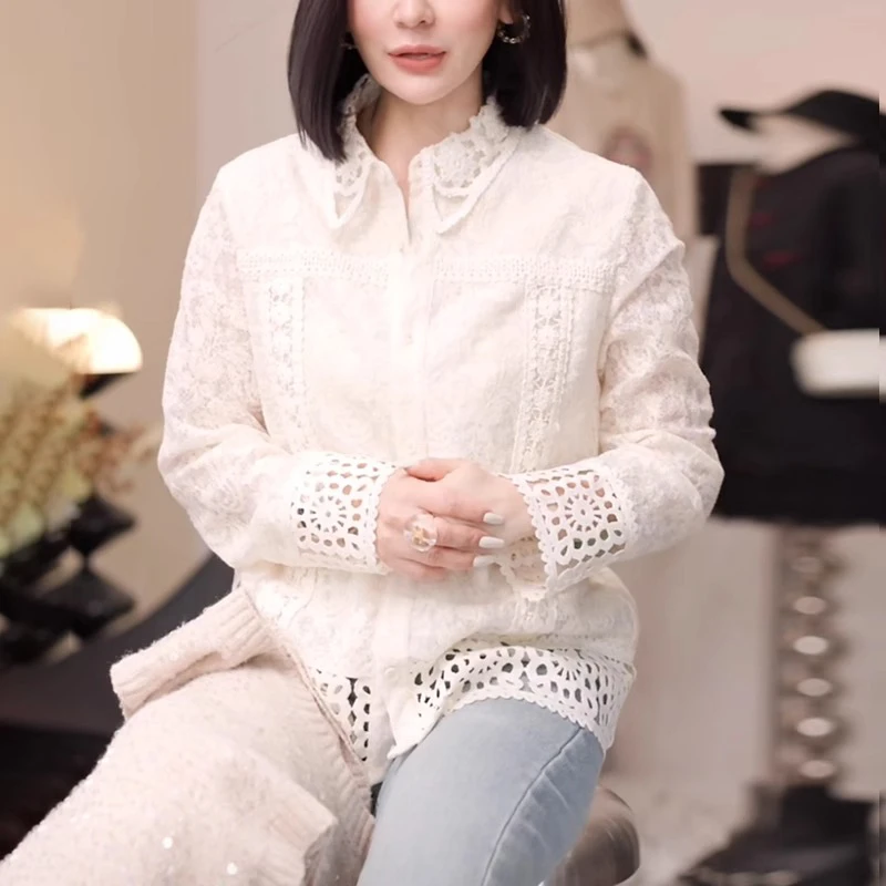 法式衬衫内搭女士秋冬洋气减龄宽松显瘦蕾丝打底衫设计感镂空上衣