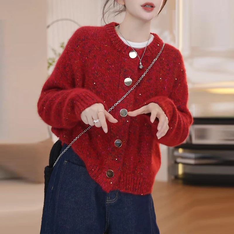 红色亮片毛衣外套女士秋冬慵懒风短款加厚针织开衫高级感外穿上衣